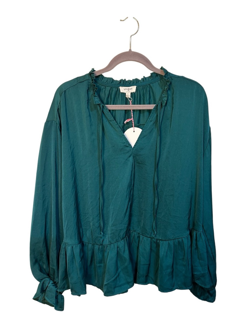 Umgee Deep Bright Green Ruffle V-Neck Peplum Blouse size large NWT